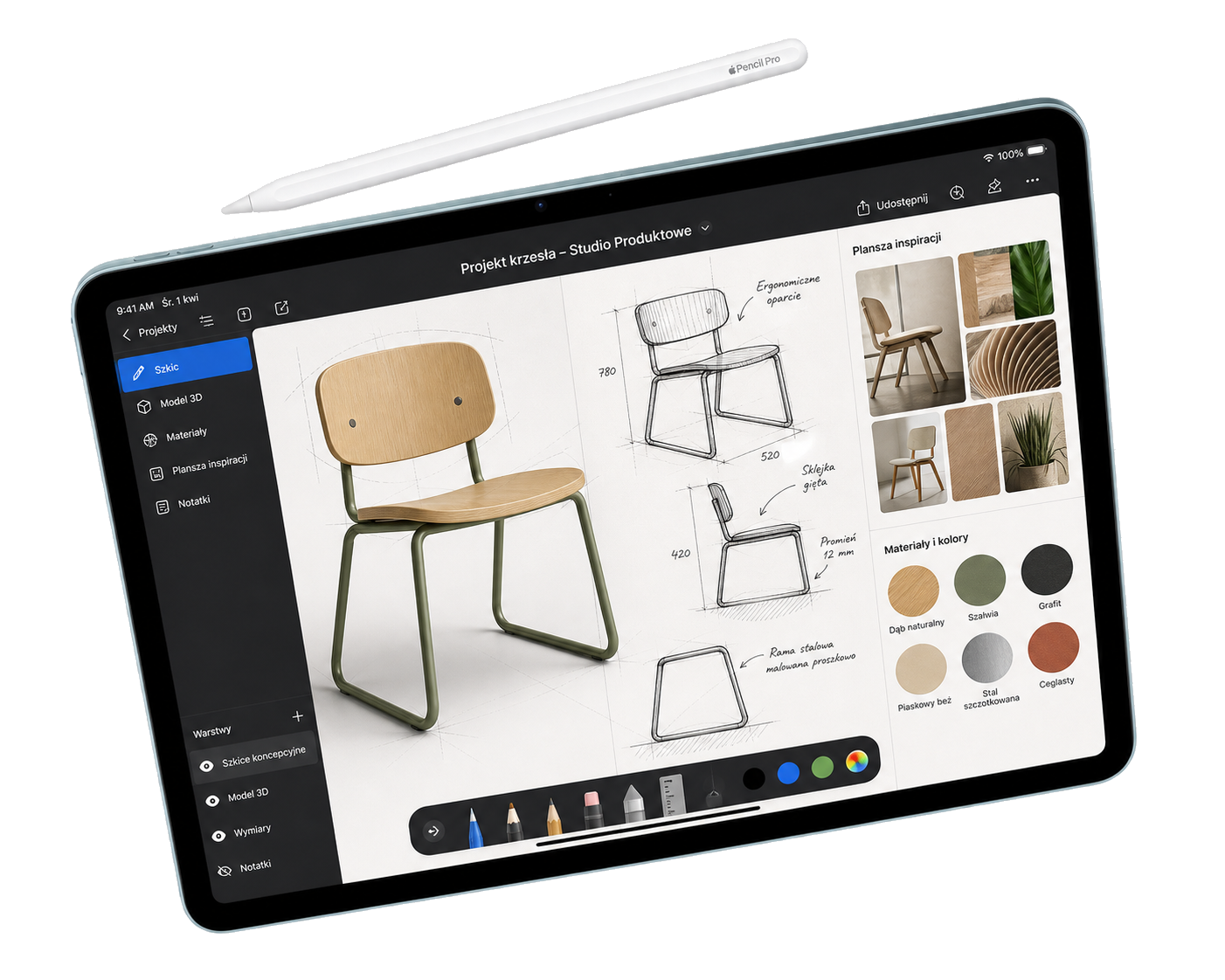 Niebieski iPad Air z Apple Pencil i projektem krzesła na ekranie