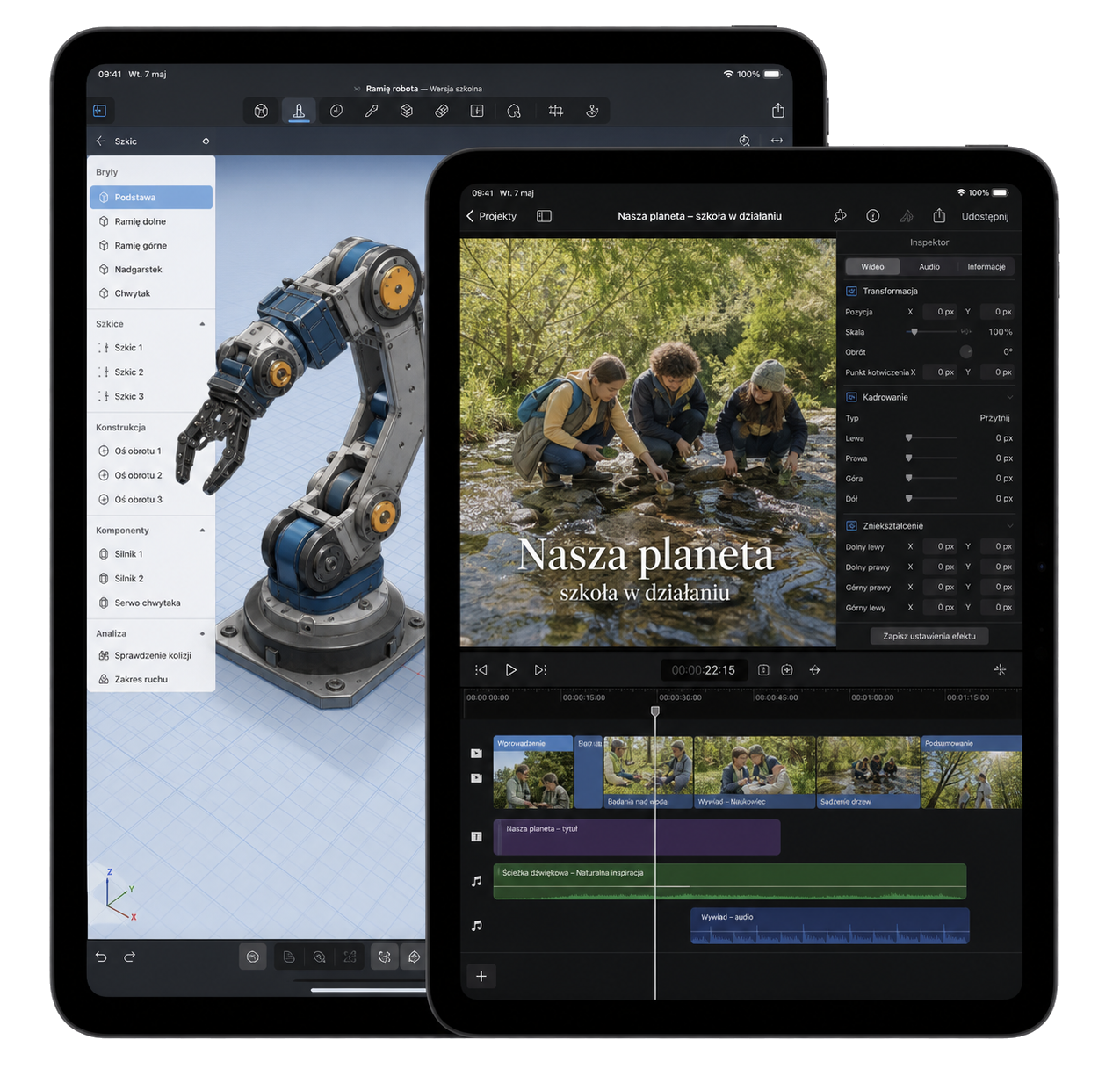 Dwa iPady Pro z projektem ramienia robotycznego i montażem filmu edukacyjnego na ekranach